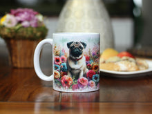Lade das Bild in den Galerie-Viewer, Tasse mit Mops in beige sitzend in einem Blumenmeer