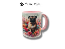 Lade das Bild in den Galerie-Viewer, Tasse mit Mops in beige sitzend in einem Blumenmeer