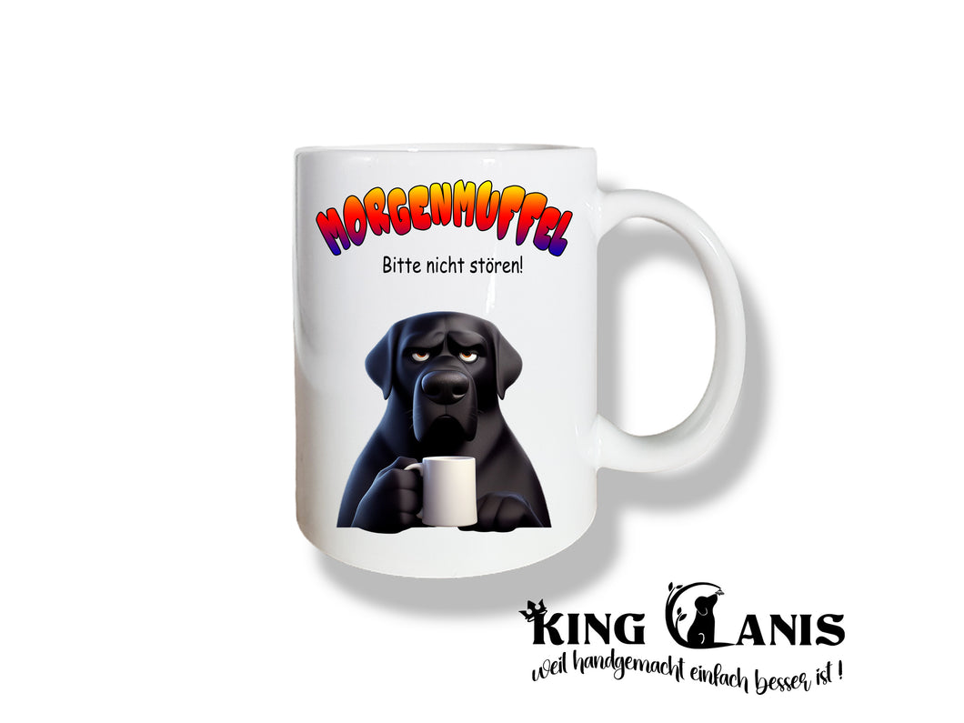 Tasse mit schwarzer Labrador für wahre Morgenmuffel mit dem Spruch 